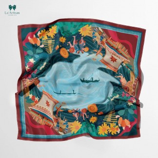 Double-sided printed silk scarf with the Tay Nguyen’s Sea Lake pattern (Size 70*70cm : 749,000vnd)